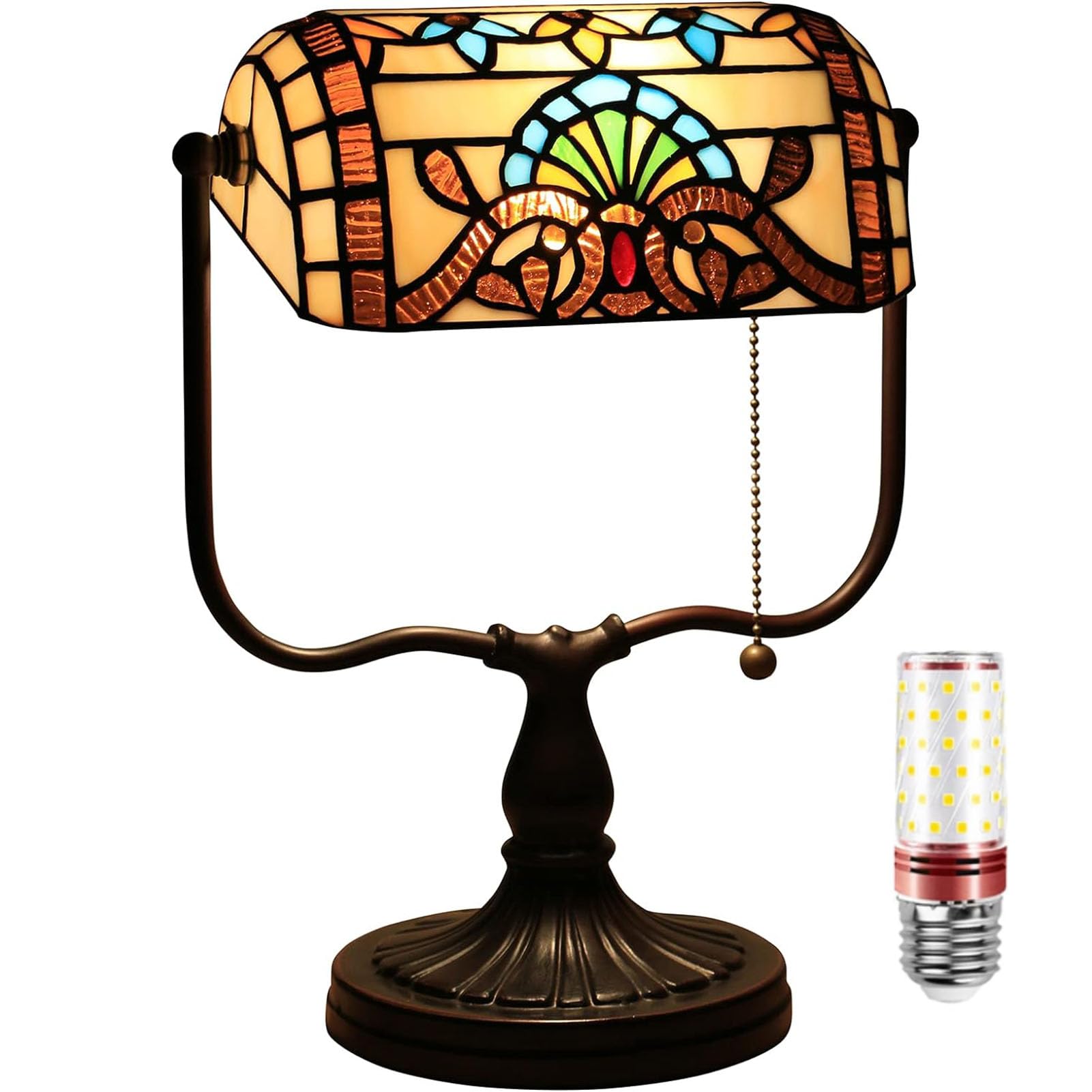 Aioneer Bankers Desk Lamp, Tiffany Lamp With Pull Chain Switch, Glass Table Lamp, Reading Lamps For Bedside Table, Art Deco Lamps-B