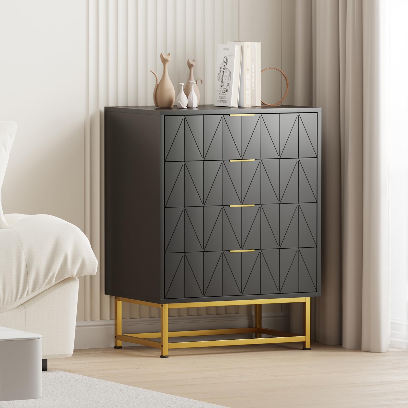 Moderna Cómoda De 4 Cajones Para Sala De Estar, Dormitorio y Pasillo - Diseño Compacto y Elegante - Patas Metálicas Resistentes - Gabinete De Almacenamiento Funcional - Mueble Organizador Práctico