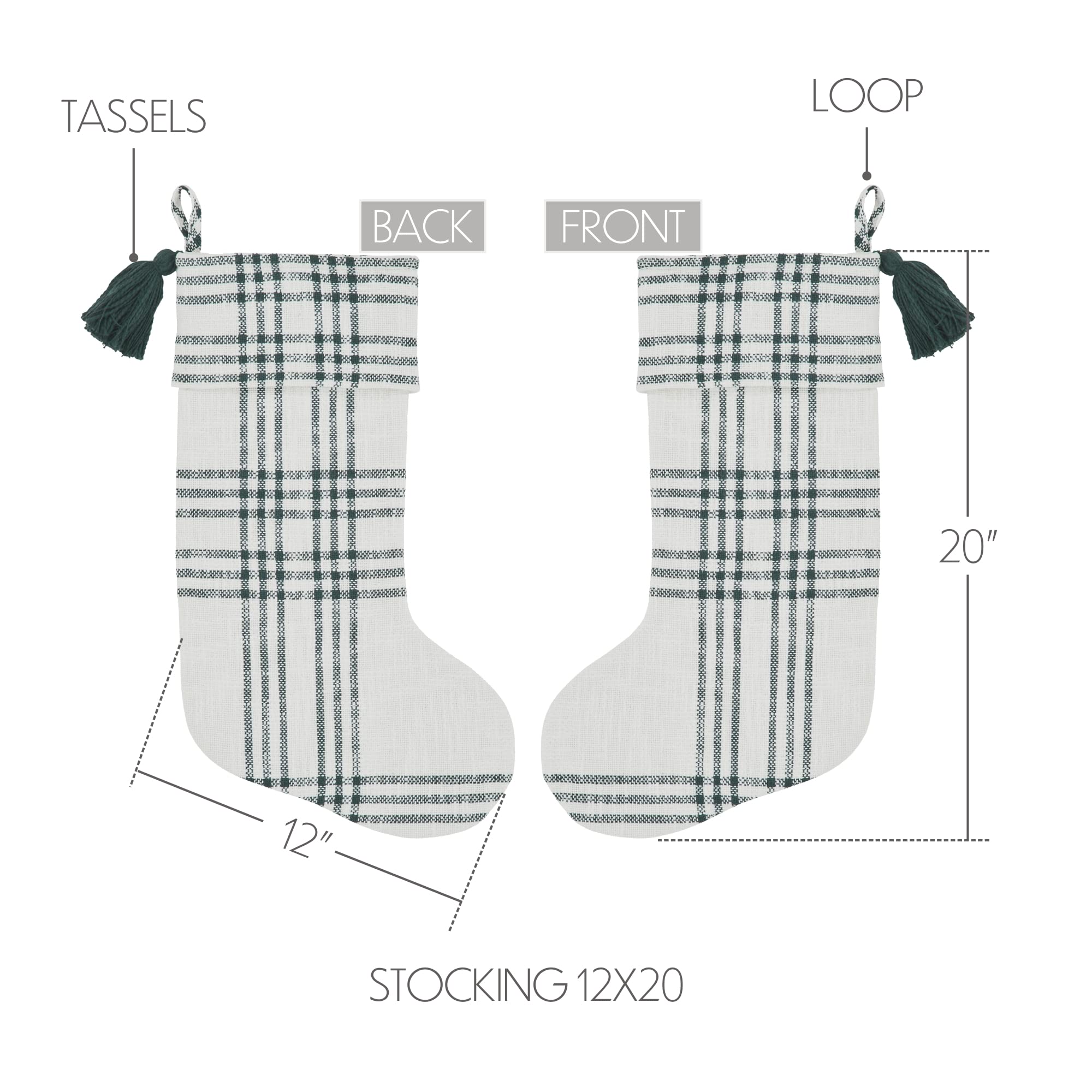 VHC Brands Pine Grove Plaid Christmas Stocking for Christmas Decorations with Hanging Loop Fireplace 12x20, Green White
