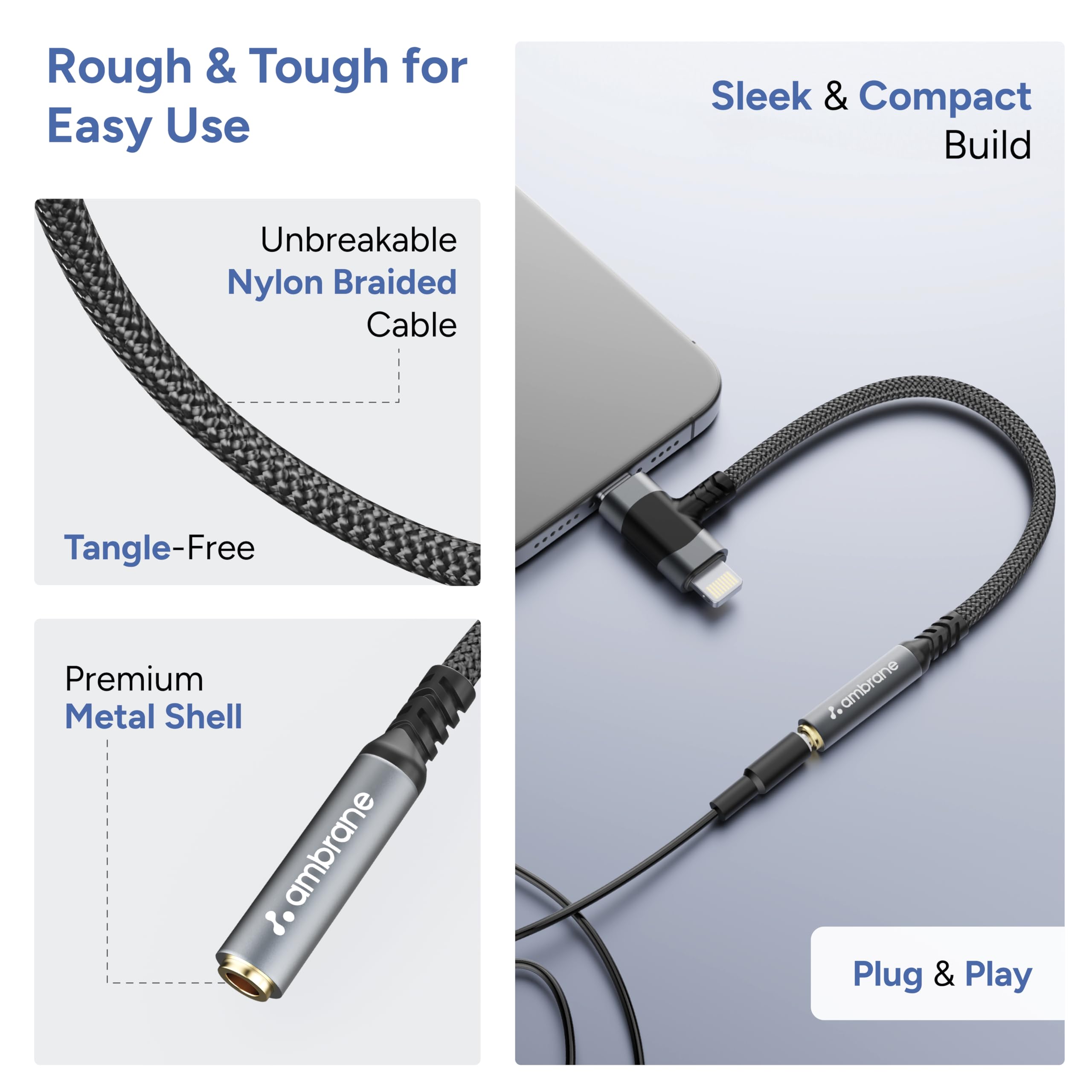 Ambrane 2 in 1 3.5 mm Audio AUX to Type C Connector, Perfect for Gaming/Playing Music for Type C Devices, Android, iPhone 16/15/Plus/Pro/Max, iPad(AOTG-CL1 Black) 3