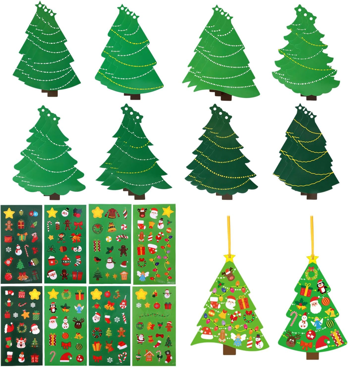 Penitue 24pcs Christmas Tree Crafts Kit, DIY Cardstock Christmas Tree Ornaments with Stickers & Ribbons for Holiday Decorations Classroom Activities & Party Favors