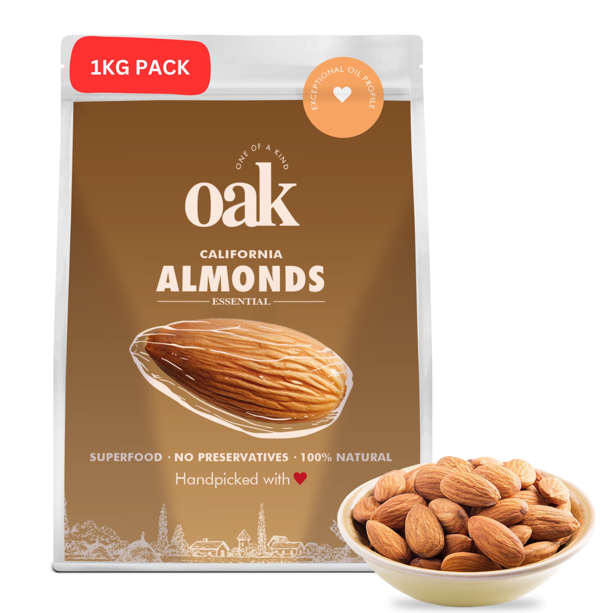 OAK - One of A Kind California Almonds 1Kg | (69-74 Piece/100Gm) | Badam 1Kg In Fresh Dry Fruits | Natural & Real Nuts | Premium Raw Badam Giri | One Of A Kind
