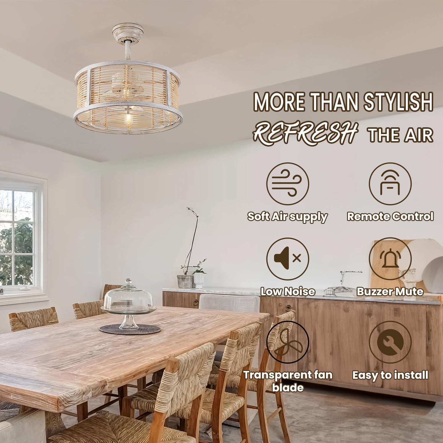 ainqiant 20 Inch Rattan Caged Ceiling Fan with Light, Boho White Fandelier Ceiling Fan with Lights and Remote, Enclosed 6 Speed for Bedroom Kitchen Dining Room