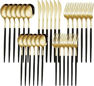 Silverware Sets for 30, Quable 30-Piece Black & Gold Cutlery Set, Stainless Steel Kitchen Utensil Set Service for 6, Including Knife, Fork, Spoon, Mirror Polished, Utensil Sets for Kitchen, Home