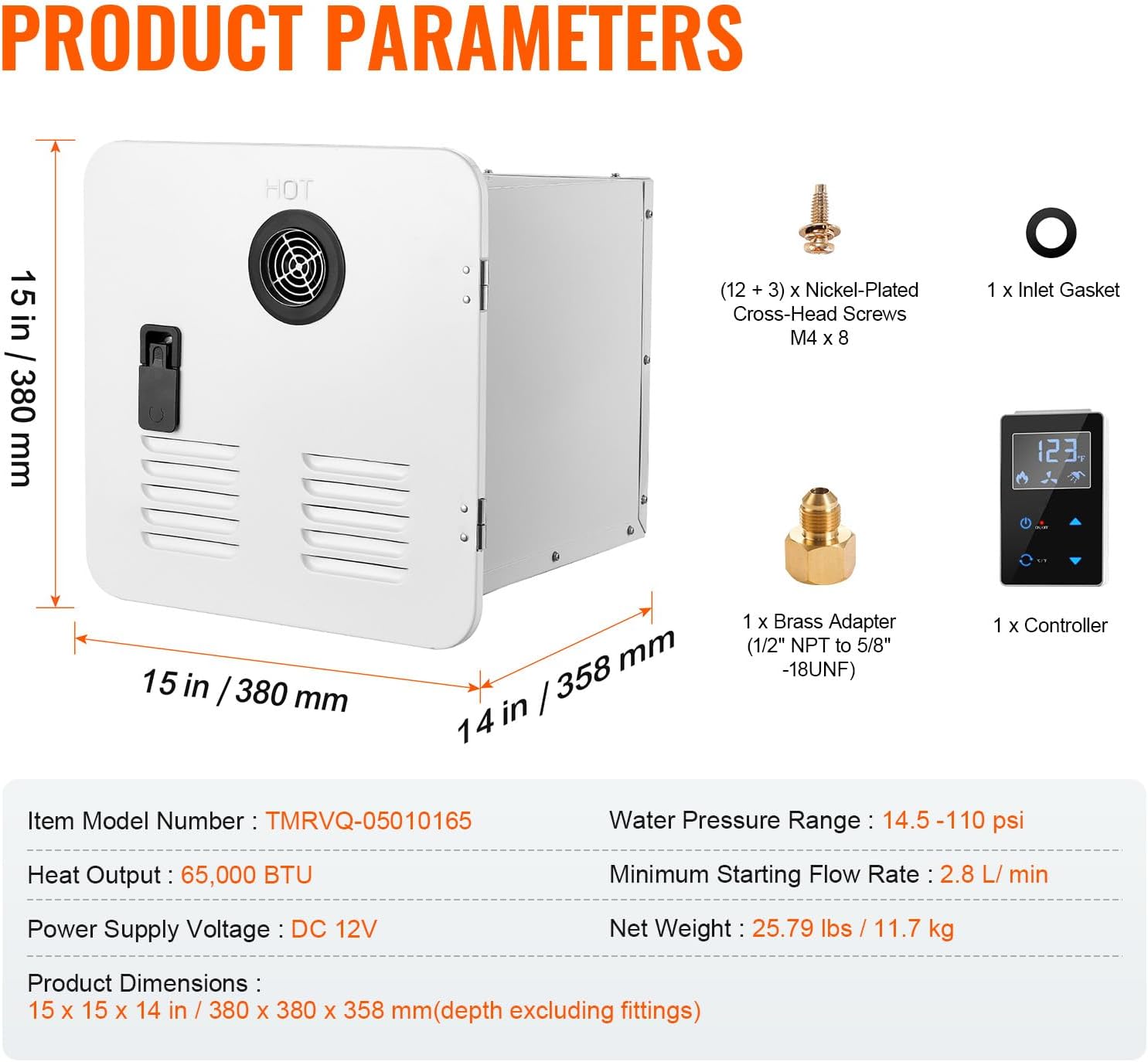 Happybuy RV Tankless Water Heater, Instant Shower with 15 x 15 Inches White Door & Remote Controller, 65,000 BTU for Optimized Comfort & Hot Water Performance, Ideal for Family Use in RVs