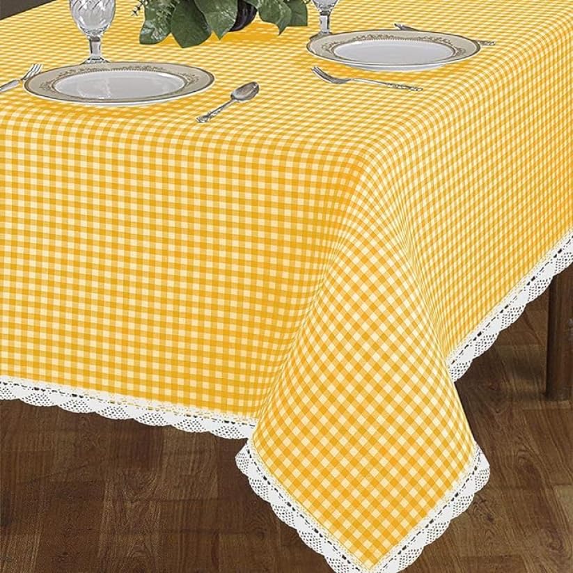 INTRECCI Tovaglia Amour 6 Posti, Rettangolare, in Cotone, 140x180 cm, Fantasia Quadri Scozzese, Orli Decorativi, 100% Cotone Oeko-Tex, Azo Free, Lavabile in Lavatrice, Colore: Senape