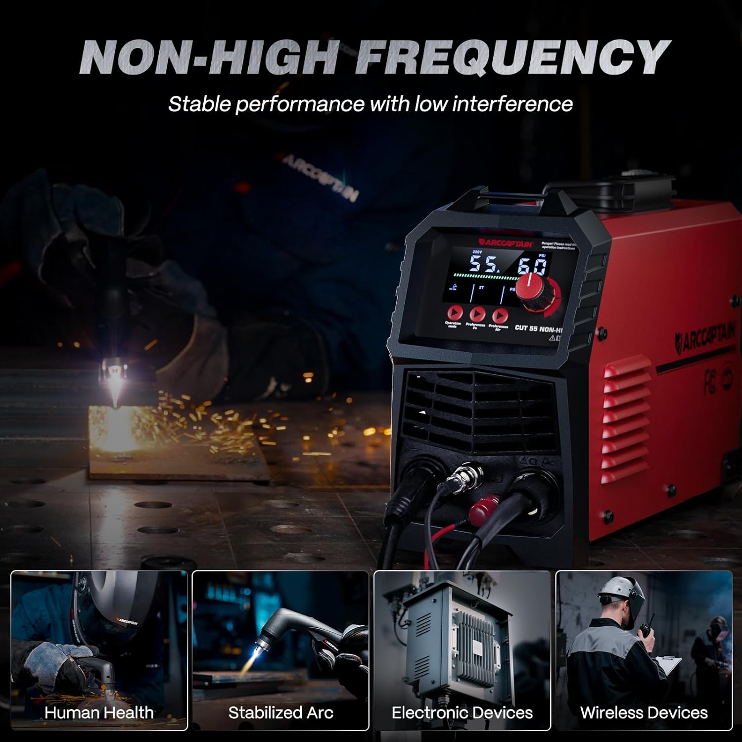 ARCCAPTAIN 55Amp Plasma Cutter, Blowback Non-HF Pilot Arc Plasma Cutting Machine + ARCCAPTAIN Welding Chipping Hammer with Wooden Handle