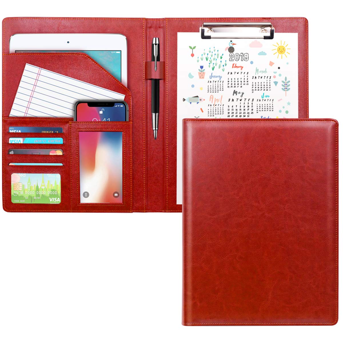 WAVEYU Padfolio Business/Resume Portfolio Folder, Leather Interview Portfolio Business Portfolio Portfolio Organizer with Legal Pad Folder Clipboard,Interview Folder for Men/Women, red — image 1