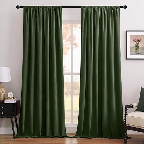 Joydeco Olive Green 100% Blackout Curtains 72 Inch 2 Panels, Luxury Thermal Green Velvet Curtains for Bedroom Living Room, Soundproof Blackout Window Drapes, Rod Pocket & Back Tab (52W x 72L)