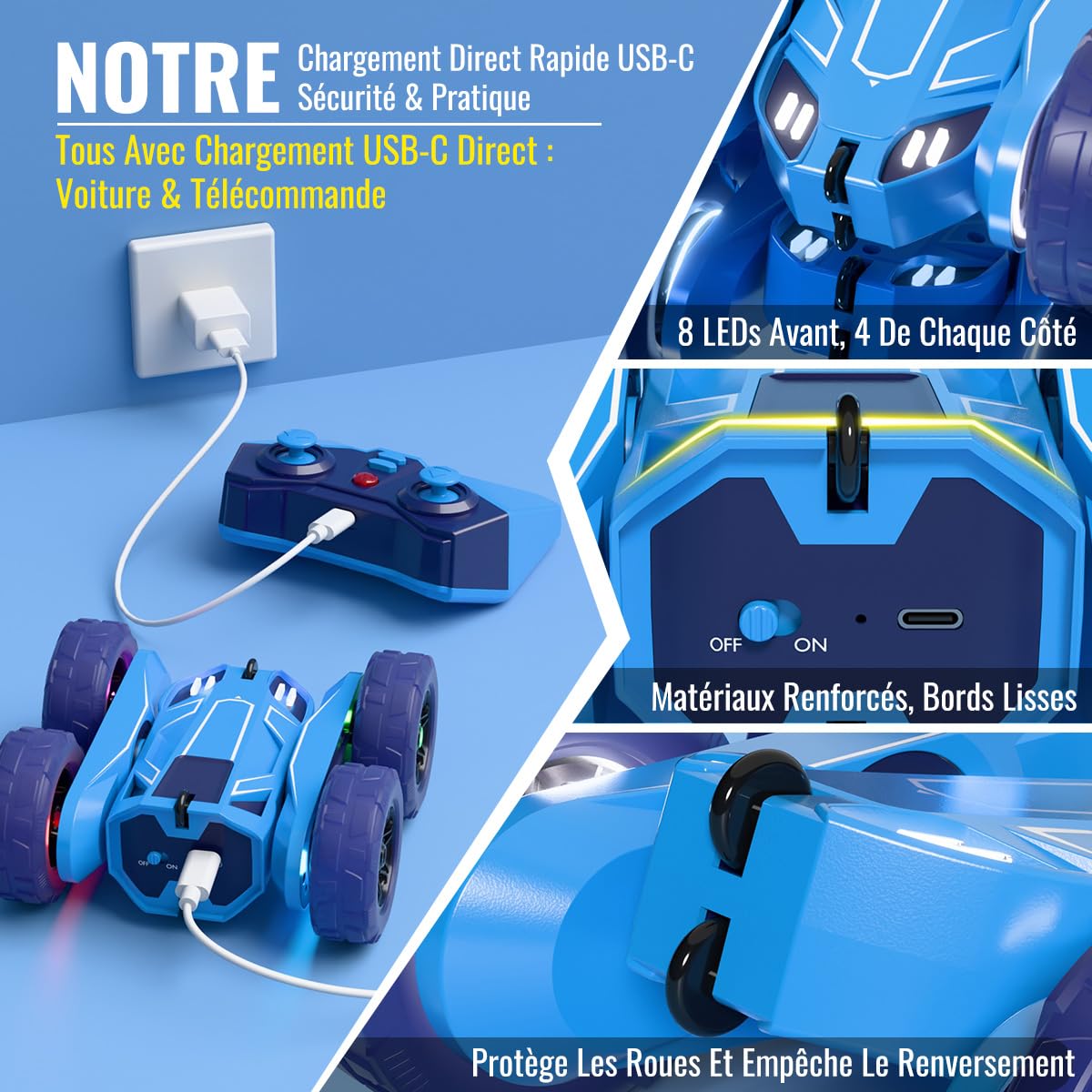 MaxTronic Voiture télécommandée, Exclusive Double Chargement Direct avec LED Réglable. 360° Stunt 15km/h Tout-Terrain radiocommandée Jouet Fête Cadeau pour 3-12 Ans Garçon Fille