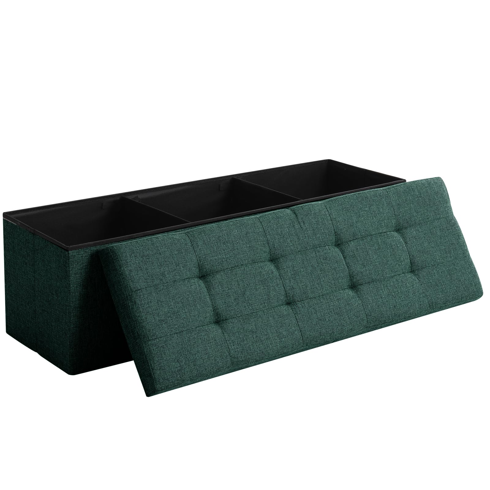 CUYOCA 45.3 Inches Ottoman Bench - Foldable Seat, Footrest, Shoe Bench, End of Bed Storage With Flipping Lid, 166L Space, Linen Fabric Emerald