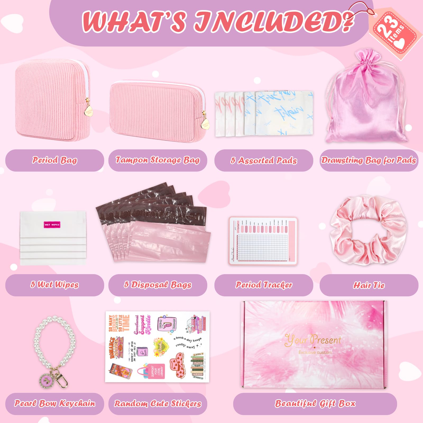 Desing Wish 22 PCS First Period Starter Kit Gift for Teen Girls Period Bags for Teen Tweens Girls with Corduroy Sanitary Pad Storage Bag, Wipes, Menstrual Tracker, Disposal Pouches and More (Pink)