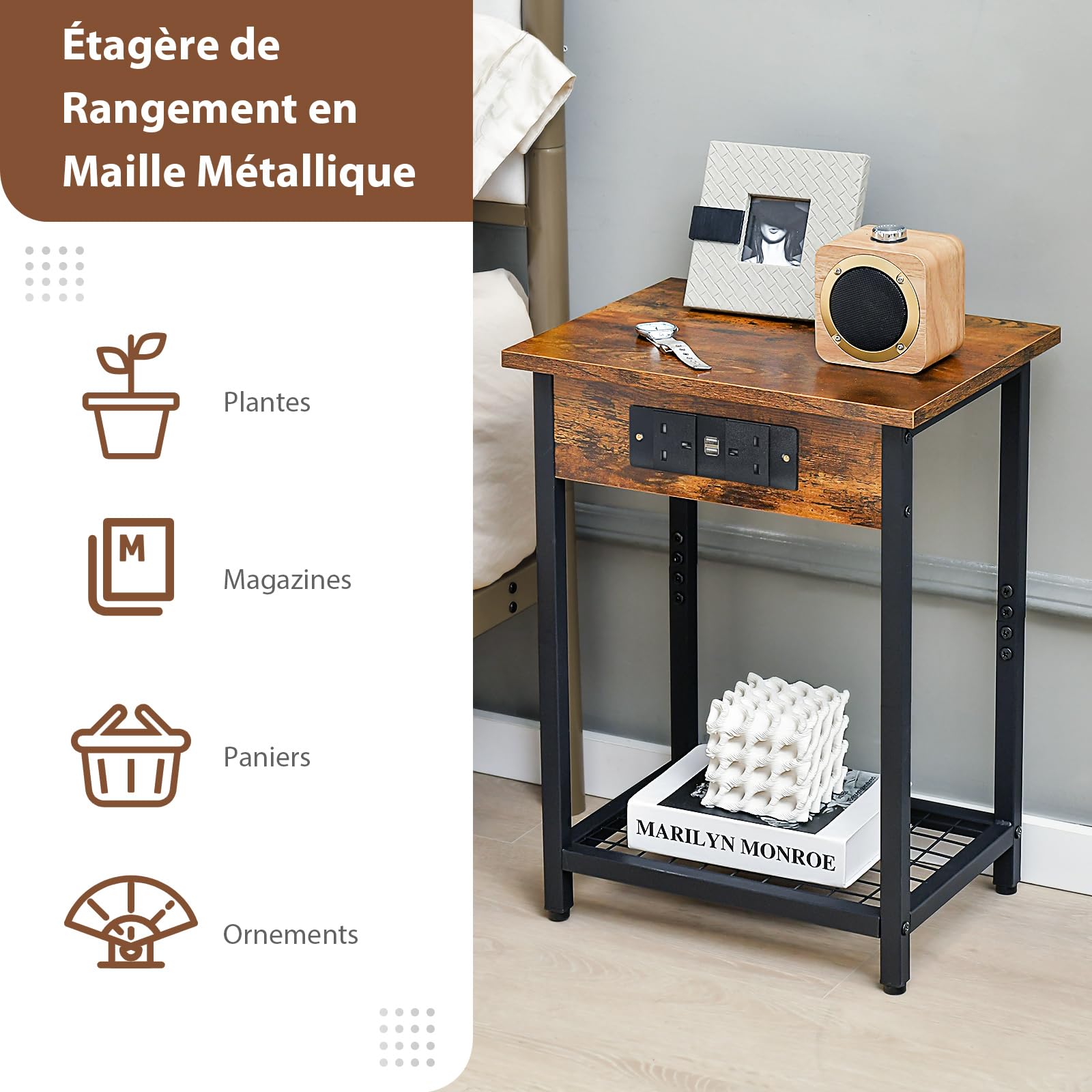 Table De Chevet Industrielle Vintage FurnitureR Avec Recharge USB | 2 Prises + 2 Ports, Plateau Pliable, étagère Ouverte - 60x30x60 Cm - Multifonction