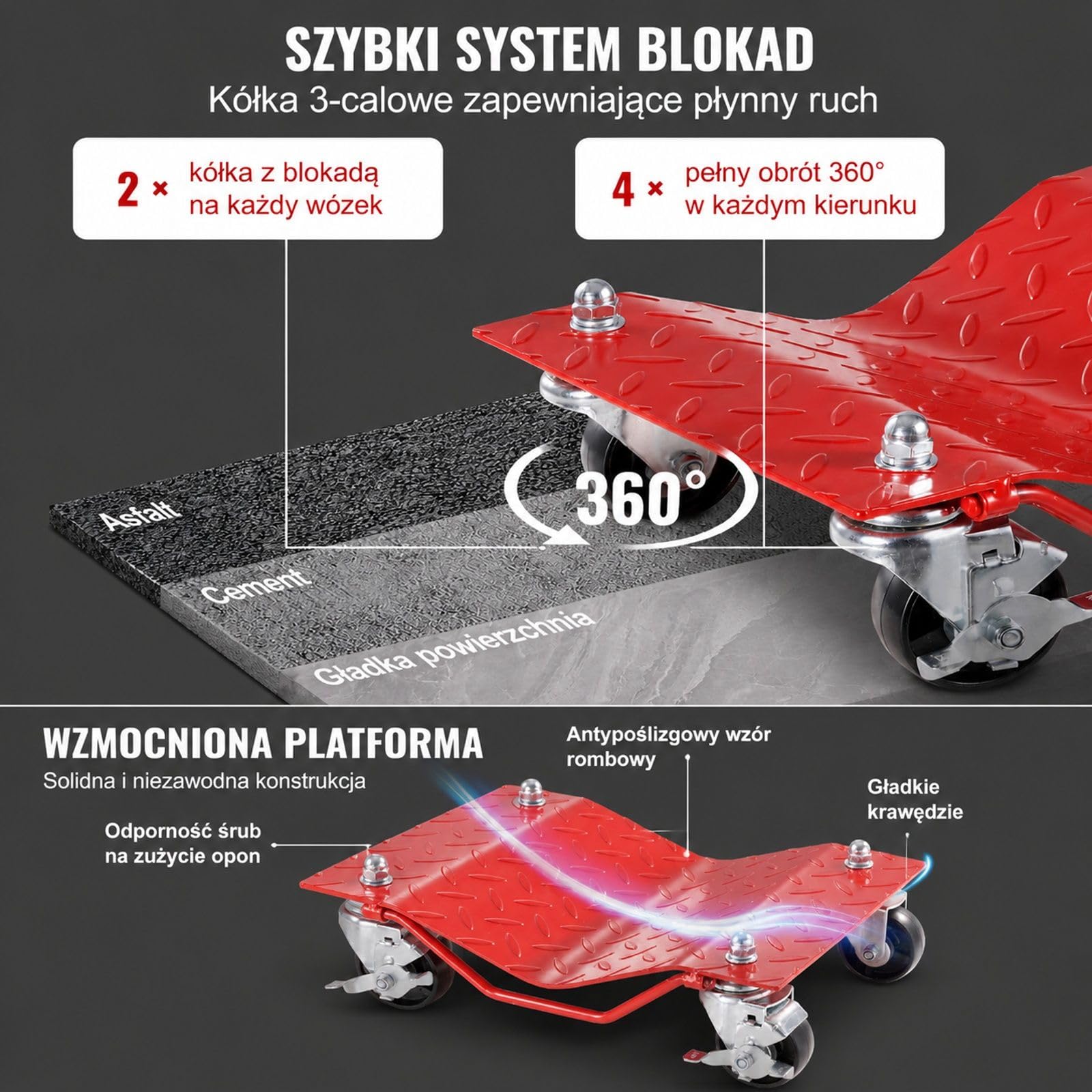 Zestaw wózków pod koła, 4 sztuki, 3600 kg, podpory opon do przemieszczania samochodu