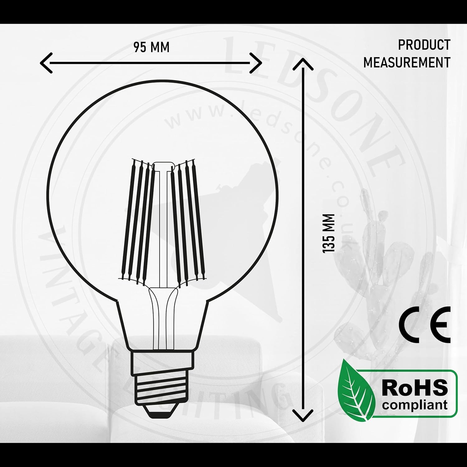 LEDSone Lampadina LED Edison dimmerabile 8W 450 lumen, forma globo G95, vetro trasparente, bianco caldo 2700K, luce di Natale, attacco standard E27 (10)