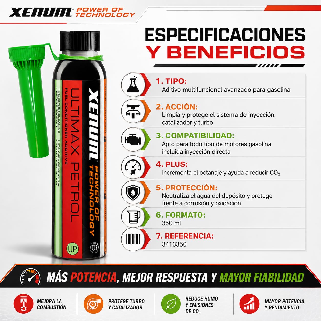 Genérico Xenum Ultimax Petrol Conditioner 350 ml – Aditivo Multifuncional para Gasolina, Limpia Sistema de Inyección, Catalizador y Turbo, Aumenta Octanaje, Reduce Consumo y Emisiones