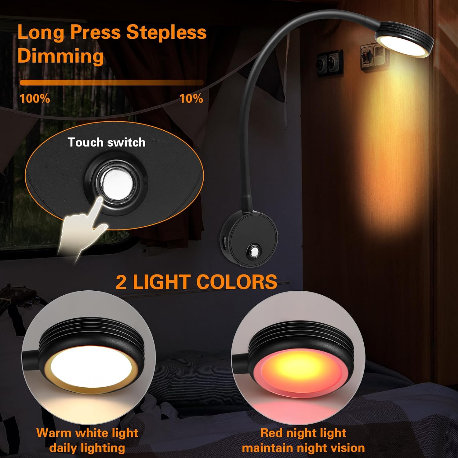 Rossesay 2 Pieces 12v Rv Reading Light Bedside Lamp Dimmable Wall Mounted Reading Light with USB Charging 3000k Warm White Flexible Gooseneck Bed Lamp for for Rv Interior Camper Van Boat (Black)