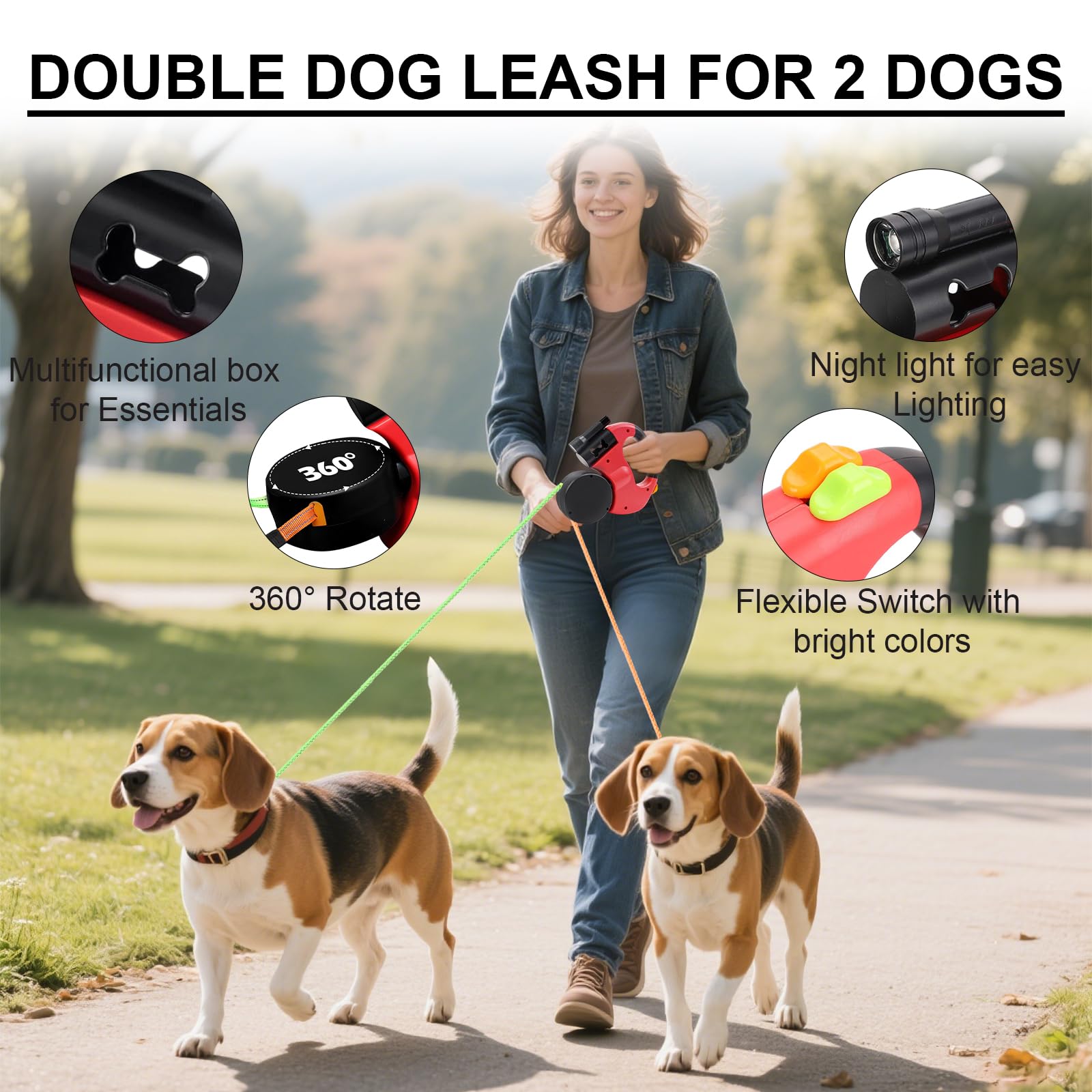 Guinzaglio retrattile da 3 m per 2 cani, doppio guinzaglio con luce LED, girevole a 360°, nylon riflettente, regolabile, per cani di piccola e grande taglia, rosso