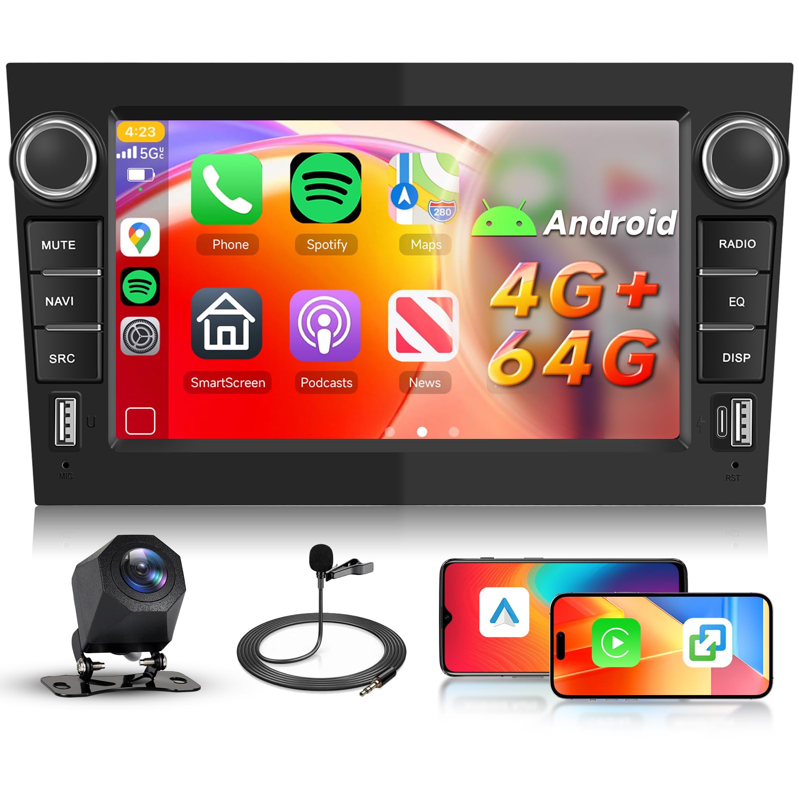 【4+64G】 Ekran Hodozzy Carplay do Opel Vivaro Astra Meriva Zafira z USB USB-C, 7 cali Opel Radio samochodowe Bluetooth z Androidem Auto/GPS/WiFi/32 EQ/FM/RDS/SWC+kamera cofania