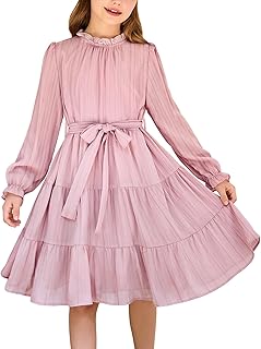 Arshiner Girls Long Sleeve Dress Tween Fall Formal Party Holiday Midi Tiered Flowy Swing