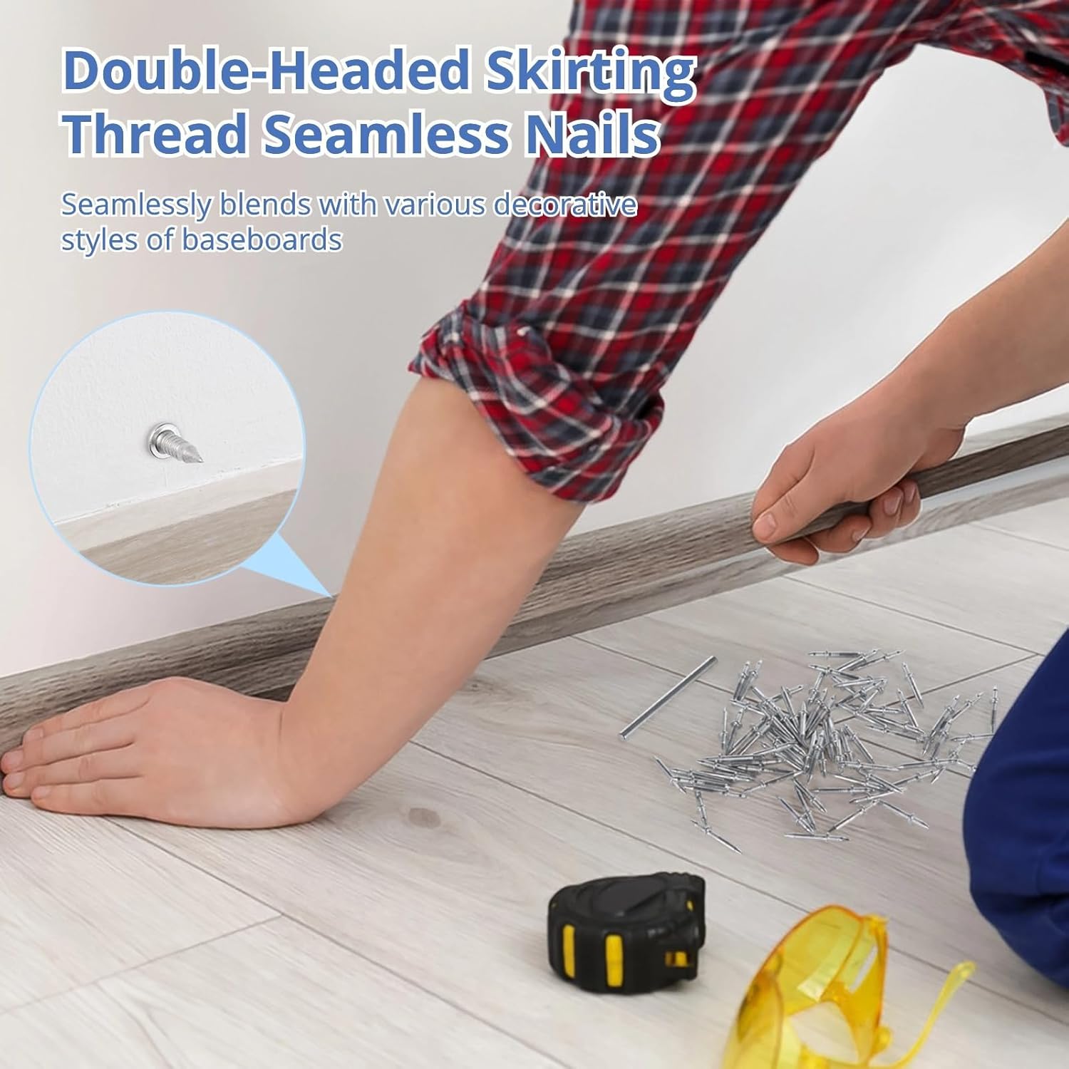 500 Pcs Dual-Sided Seamless Skirting Nails with Threaded Heads, Hidden Nails & 5 Mounting Sleeves, Invisible Screws for Trim Work