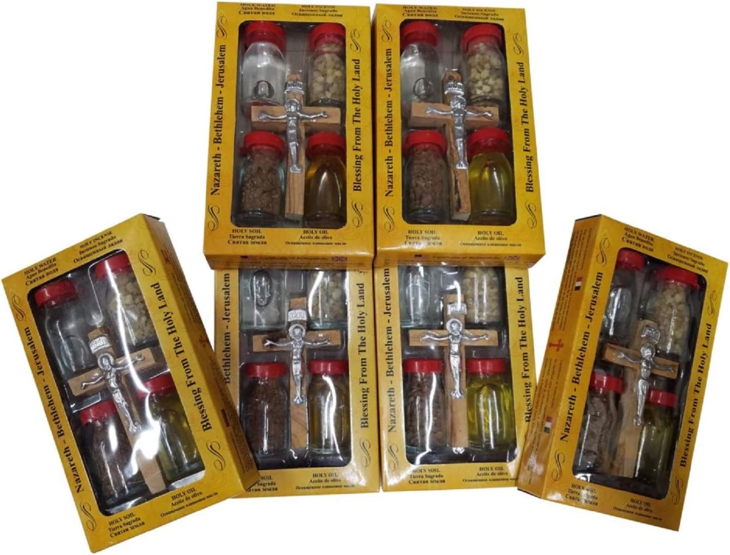 Bethlehem Gifts TM New Set Holy Land Set 5 In1 Olive Wood Cross Set with 4 Bottles - Oil, Jordan Water,Holy Land Essences & Holy Earth