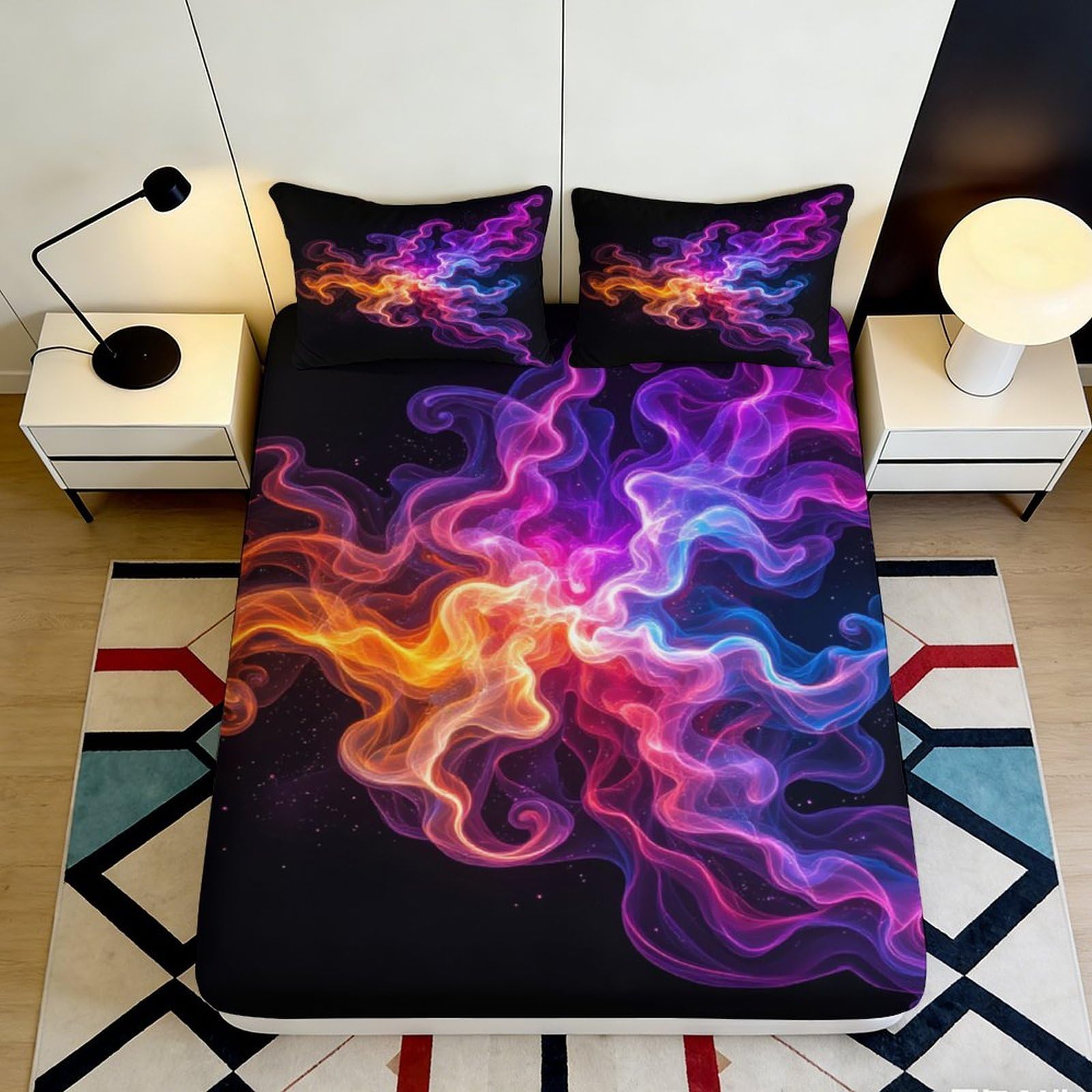 3D Printed Fire Smoke Fitted Sheet Microfiber Vibrant Flame Mattress Cover for Bedroom Dorm Decor Easy Care 90x200x25cm