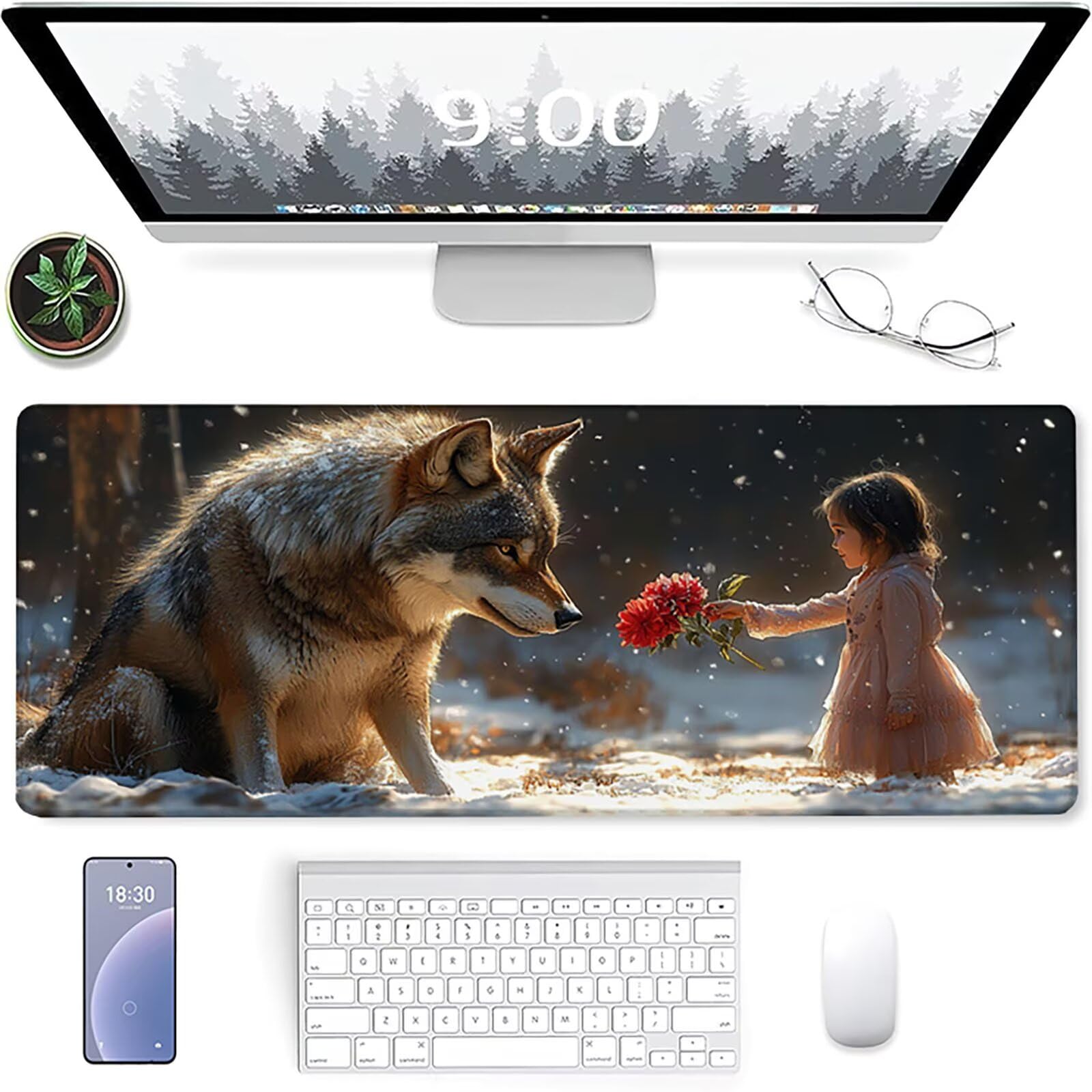 Podkładka pod mysz XXL 1200 x 600 x 3 mm, szara podkładka pod mysz Wolf ze zszytymi krawędziami, antypoślizgowa gumowa podstawa rozszerzona podkładka pod mysz do gier na pad do biura PC akcesoria do