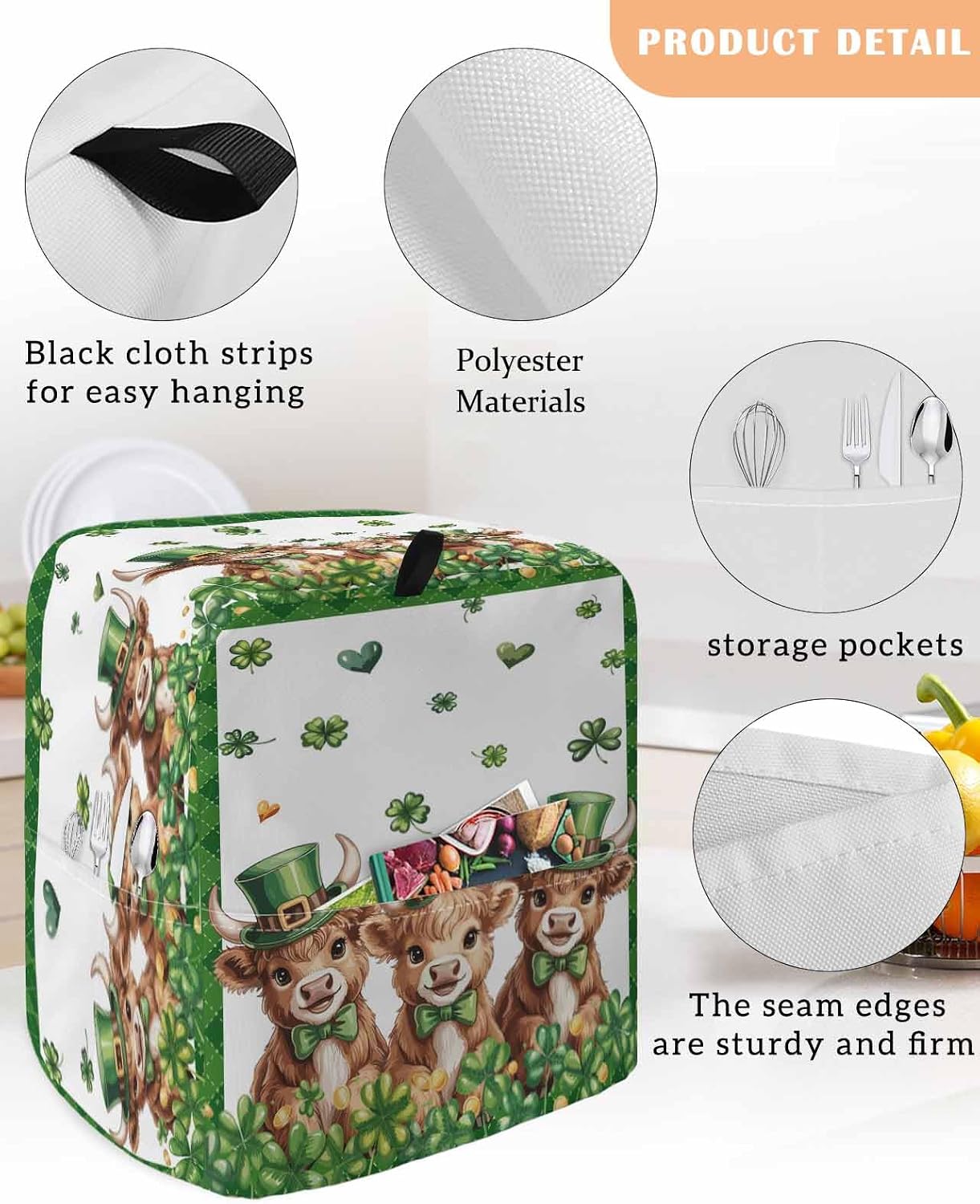 St. Patrick's Day Stand Mixer Cover with Storage Pocket, Waterproof Kitchen Mixer Covers, Cute Highland Cow Shamrock Gold Coin Green Kitchen Appliance Dust Cover Compatible with 5-8 Quart Mixers