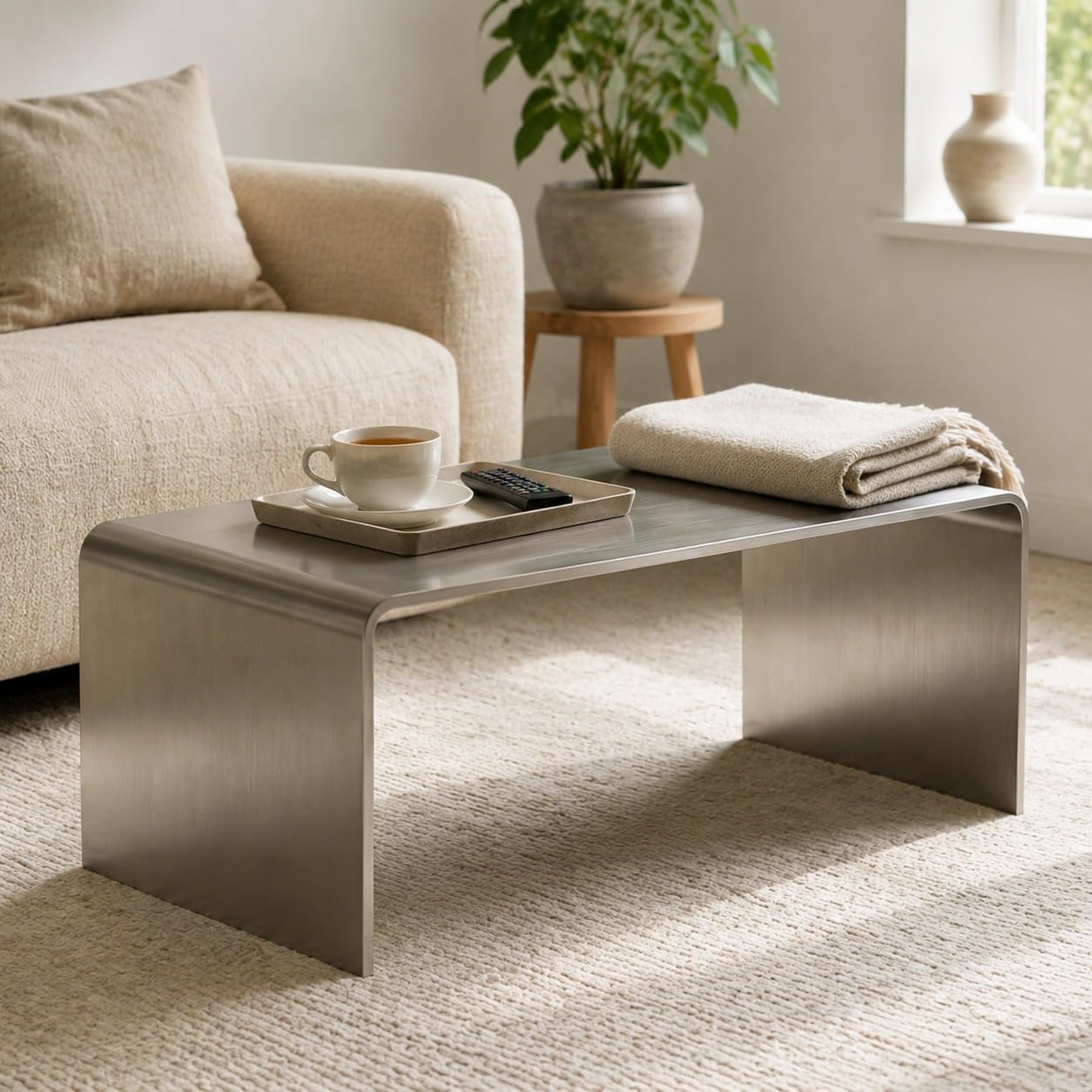 Stainless Steel C-Shaped End Table, Silver Sofa Bedside | one-piece bent form, brushed finish, pre-assembled, end table