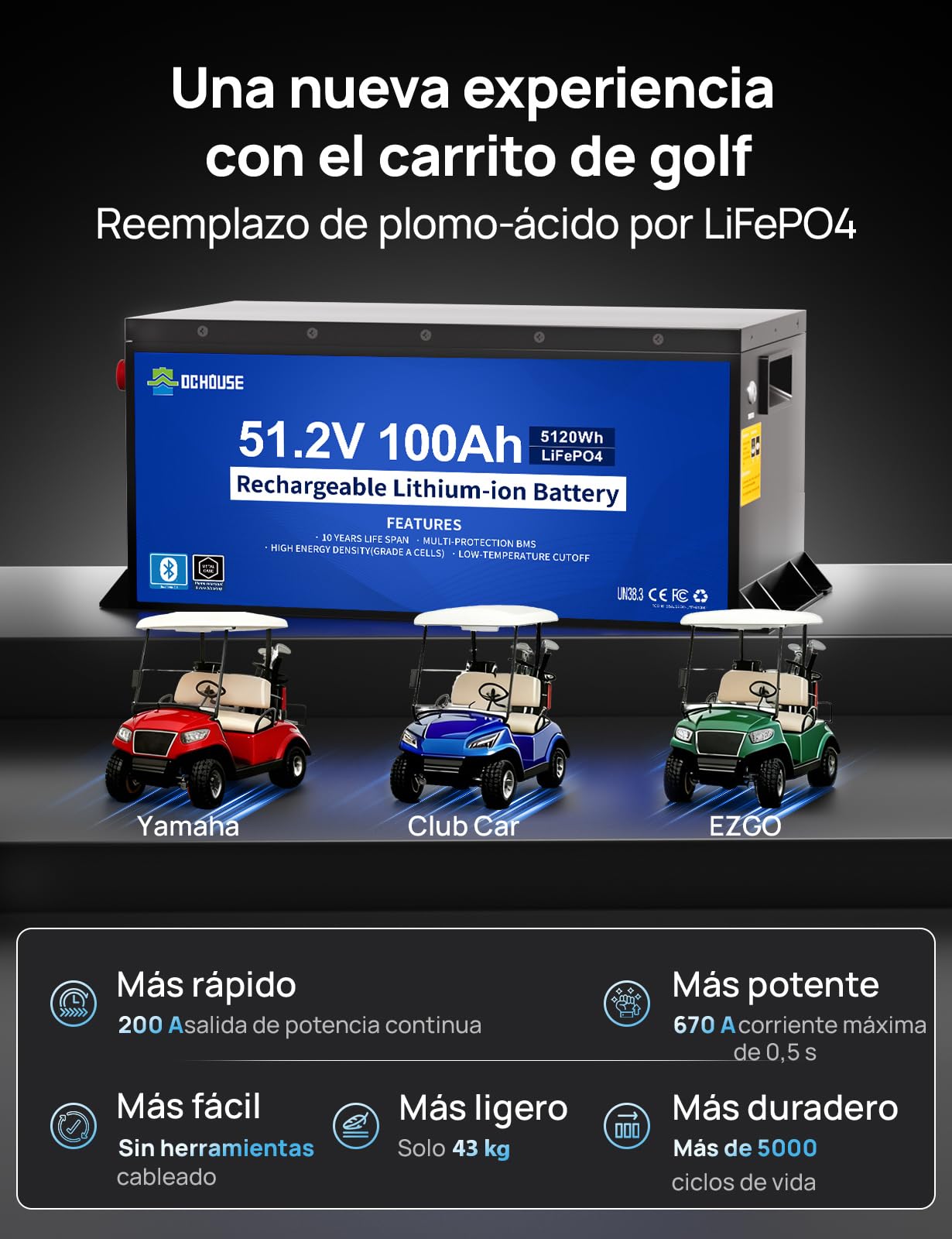 DCHOUSE Batería Litio 48V 100Ah con Cargador 18A para Carrito Golf y RV | BMS 200A, 670A de Corriente Máxima, Bluetooth vía App Móvil y LCD