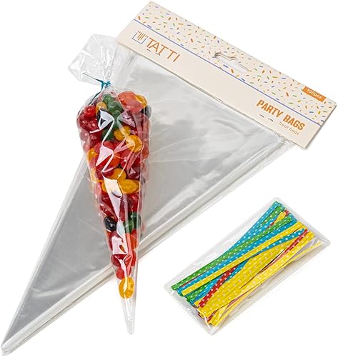 Bolsas de celofán en forma de cono, 100 bolsas de celofán transparentes de 5.1 x 9.8 pulgadas con lazos giratorios, bolsas de plástico triangulares