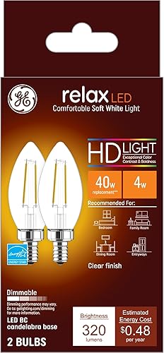 GE Relax - Bombillas LED decorativas, 4 vatios (equivalente a 40 vatios), luz blanca suave, base de candelabro, regulable (paquete de 8)