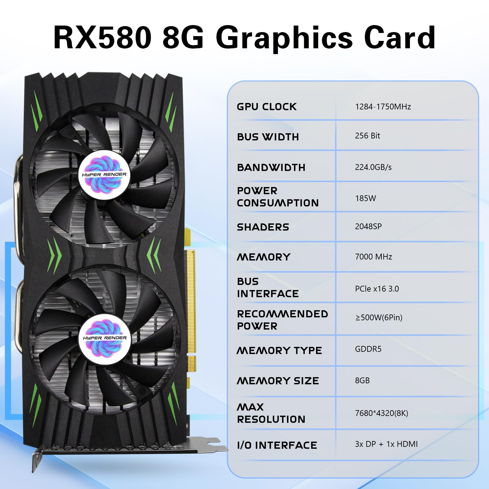 Karta graficzna RX 580 8 GB 2048SP GDDR5 256-bitowa karta graficzna do gier komputerowych 3 x DP 1 x HDMI PCI Express 3.0 z blokadą wentylatora do komputera stacjonarnego GPU do gier PC