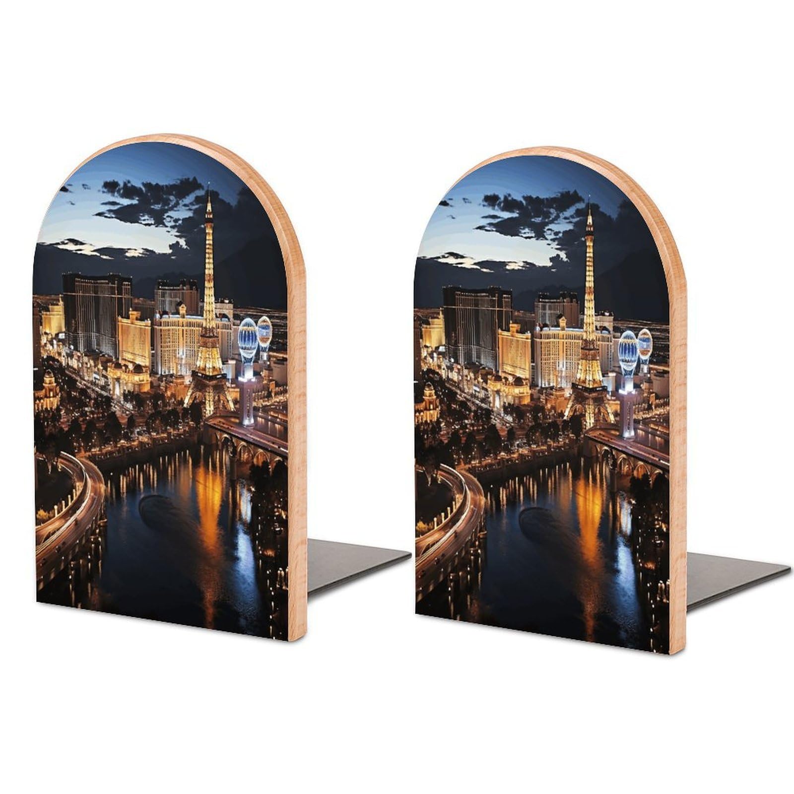 Las Vegas Night View Bookend Wood Book End for Shelves Heavy Duty Non-Slip Wooden Bookend Support Universal Economy Bookends Fancy Modern Decorative Book Accessories 1 Pairs