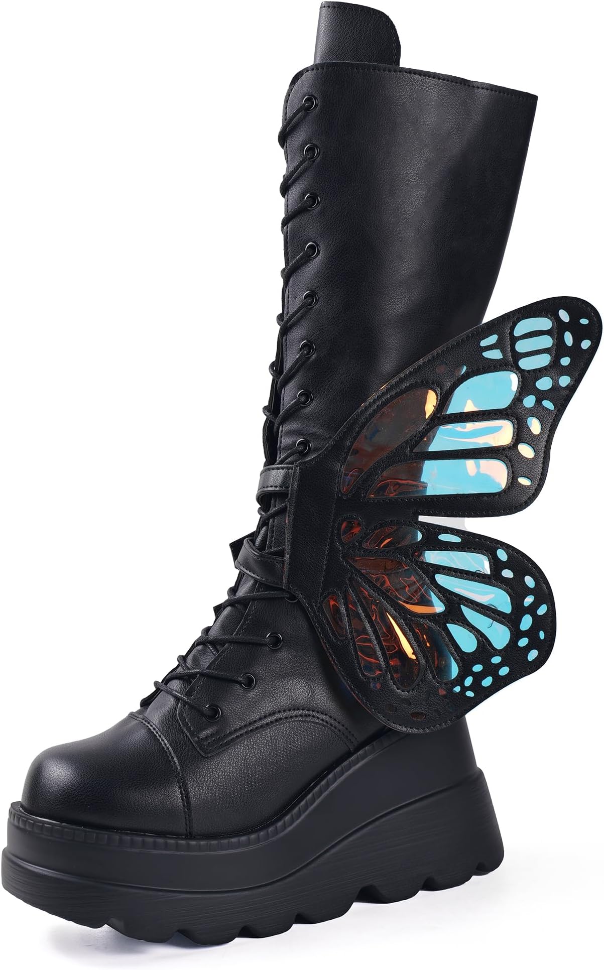 Gothniero High Platform Knee Boots Chunky Heel Wedge Black Boots For Women Combat Goth Punk Motorcycle Booties Zip up With Metal Buckles Size5-11