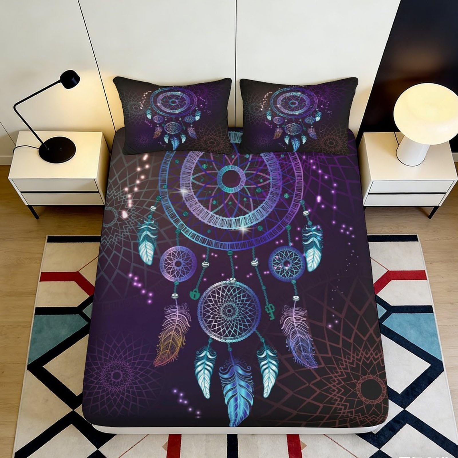 3D Printed Dreamcatcher Fitted Sheet Microfiber Soft Slip-Resistant Feather Night Sky Mattress Cover for Bedroom Home Decor 140x200x25cm