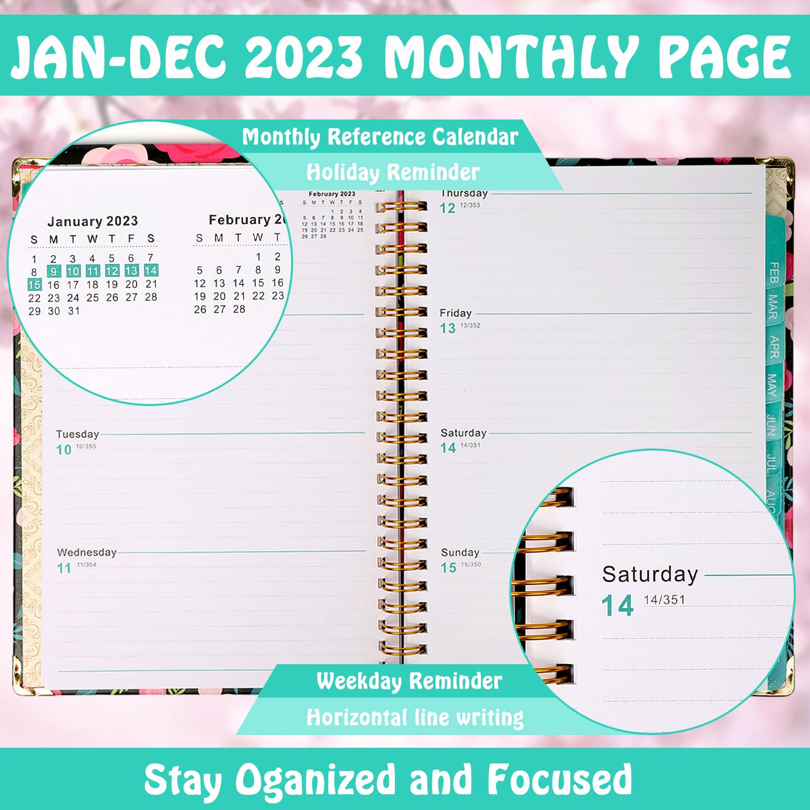 Agenda 2023 – Agenda settimanale e mensile 2023, gennaio – dicembre 2023, 16,3 x 21,6 cm, con linguette, tasca posteriore, doppia forte (stile 1)