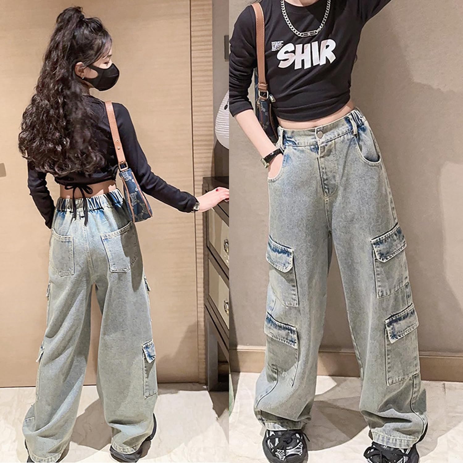 Girls Baggy Cargo Jeans Y2K Kids Wide Leg Hip Hop Loose Casual Trousers Size 6-14 Years