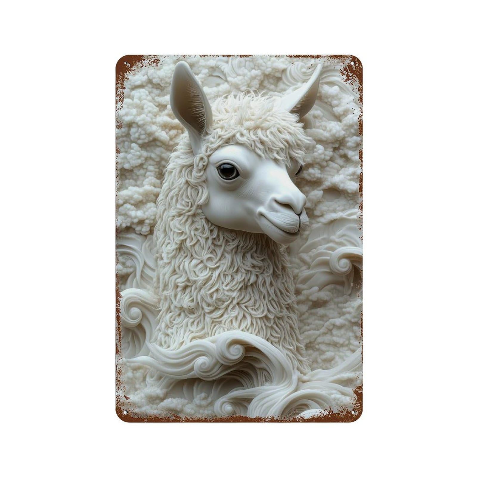 Monochrome Alpaca Sculpture Rust Effect Tin Sign 11.8"x7.9", Rustic Home Decor for Garage, Pub Or Kitchen