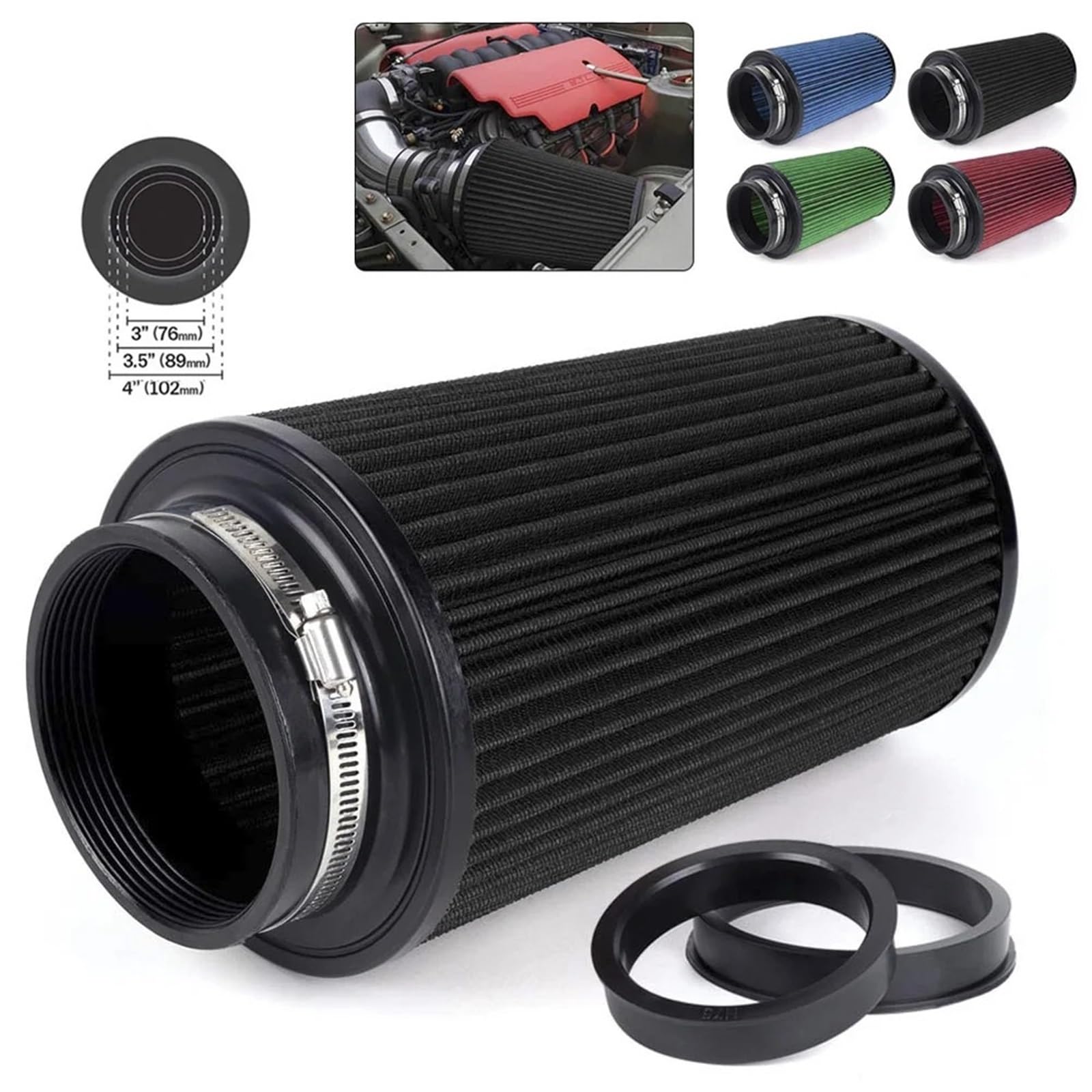 Kit filtri auto Filtro aria di aspirazione fredda ad alto flusso per auto da corsa RASTP-3", 3,5", 4", tre misure, filtri conici lavabili, altezza Filtro aria condizionata(Red)
