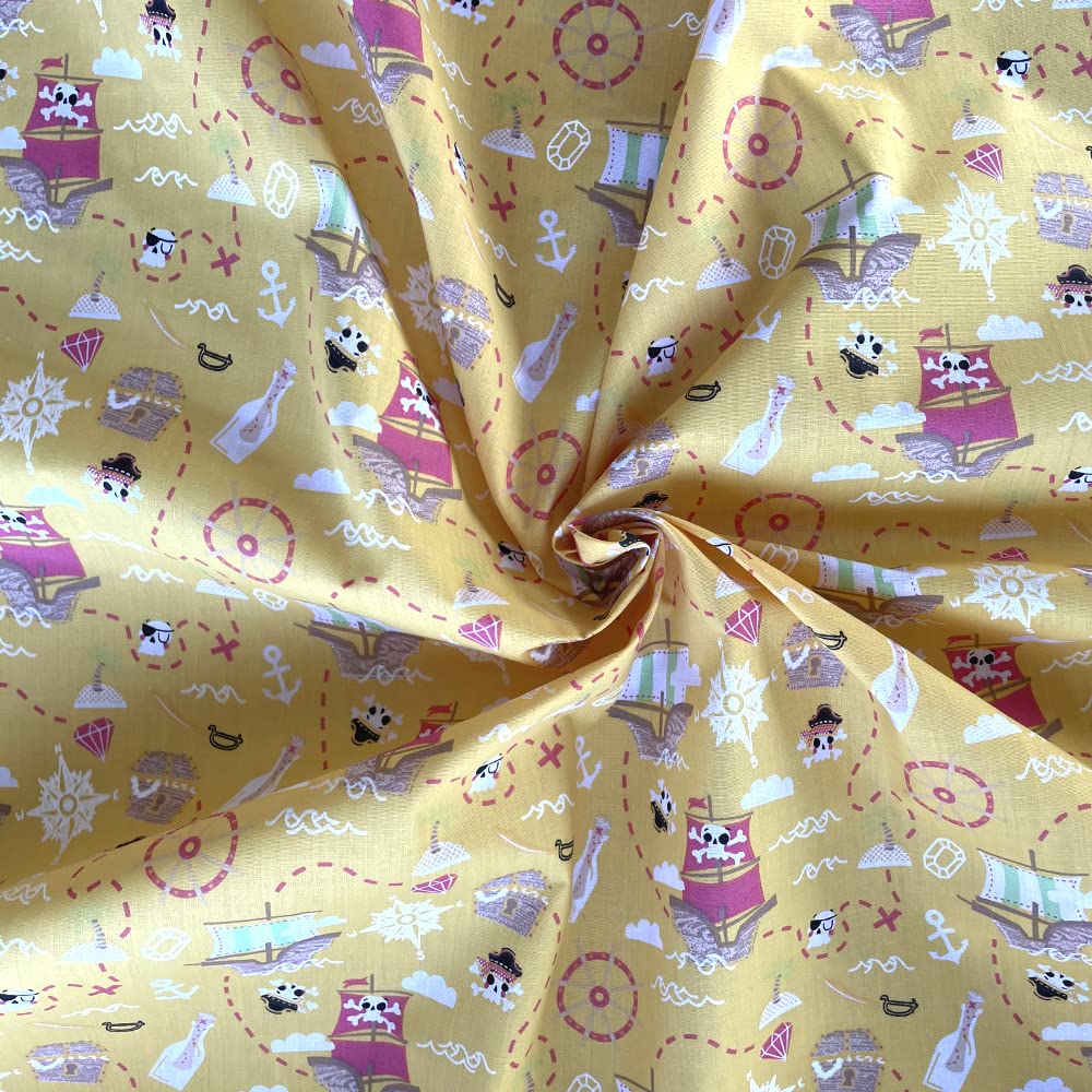 Oh Sew Crafty Limited Yellow Polycotton Fabric Treasure Hunt Pirates Pirate Ship Nautical Kids Nursery (Per Metre) (Yellow)