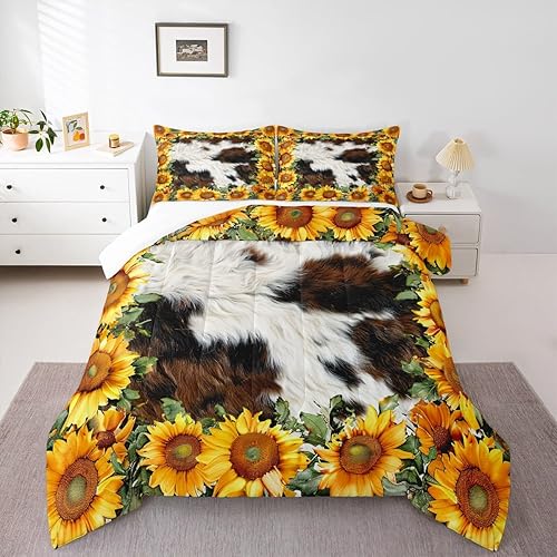 Miniatura 5 de Juego de edredón de girasol, tamaño individual, juego de ropa de cama con estampado de piel de vaca, 2 piezas para decoración de habitación de niños