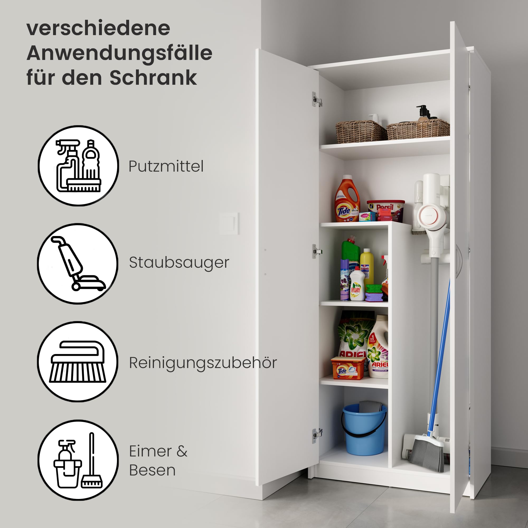 Home Collective Mehrzweckschrank Haushaltsschrank Besenschrank weiß 74cm Breite 180cm Höhe mit Einlegeböden und Extra-Fach, Schrank Organizer aus MDF Holz Küche, Haushalt & Wohnen