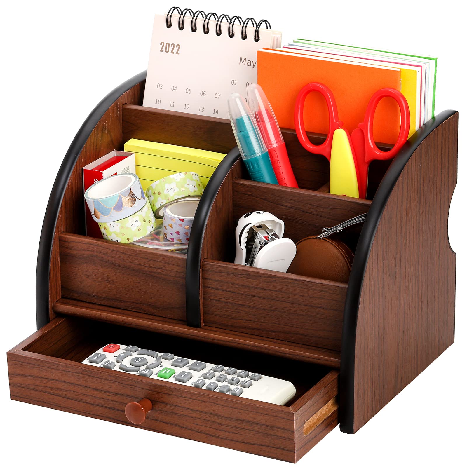 Foraineam Wooden Desk Organizer with Drawer, Remote Control Holder Caddy, Makeup Organizers, Wood Pencil Holder Desktop Supplies and Stationery Rack for Home Office School Tabletop Accessories Storage - Image 3
