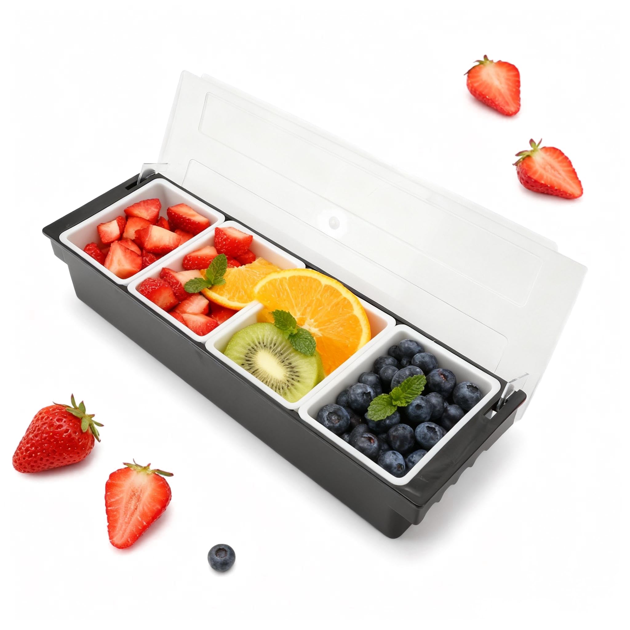 Tissting Distributore di Cibo e Condimenti con Coperchio, Organizer per Frigorifero, Vassoio Multiuso in Plastica per Conservare Frutta, Condimenti, Chicchi di Caffè e Cereali (4 Scomparti)