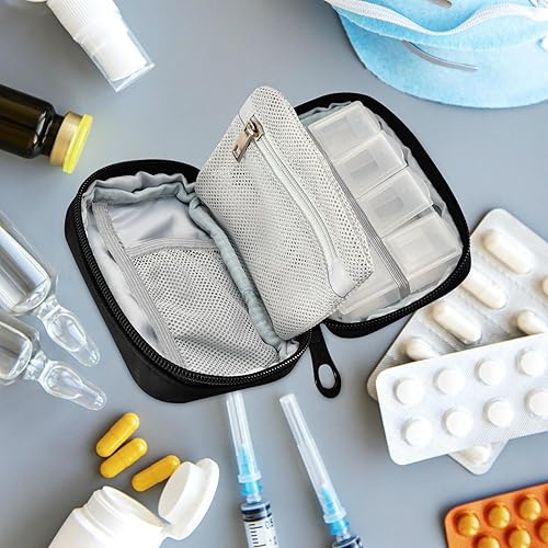 Miniatura 2 de Fustylead Pastillero de viaje con agujero de papel negro con cremallera semanal, 8 compartimentos, pastillero personal de 7 días, organizador de