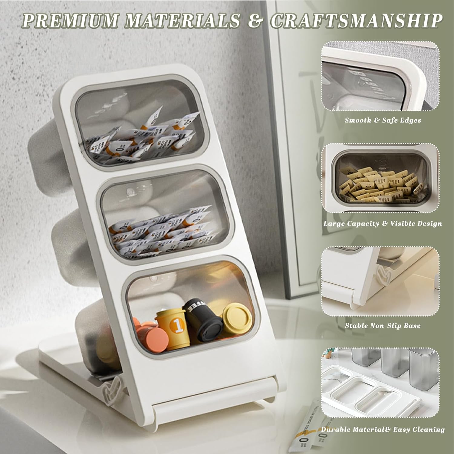 Coffee Pod Holder with 3 Removable Box K Cup Storage Container Coffee Bar Accessories for Creamer Suger Plastic Desk Organizer Box Tea Bag Organizer