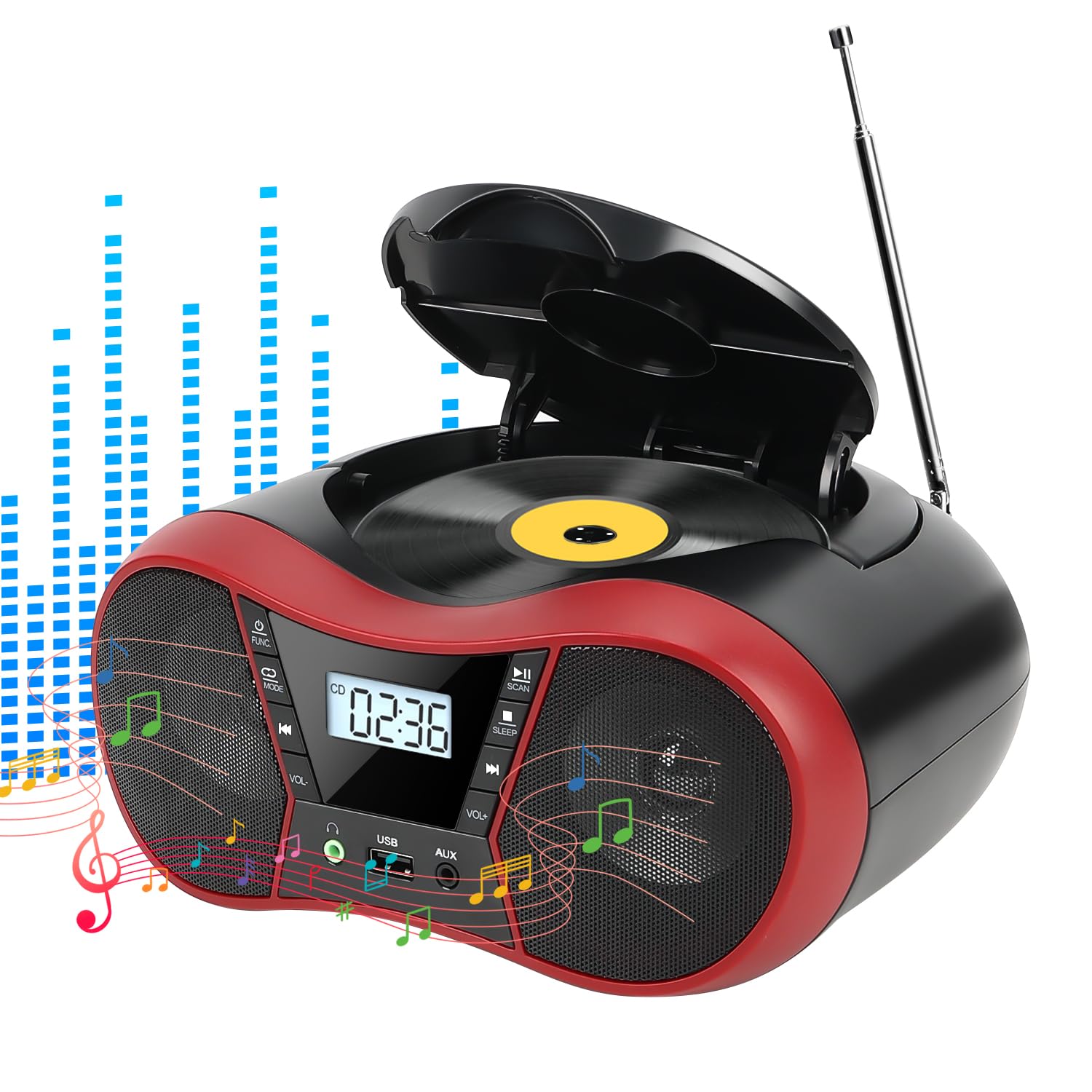 Boombox Portátil com CD Player, Rádio AM/FM Estéreo e Bluetooth