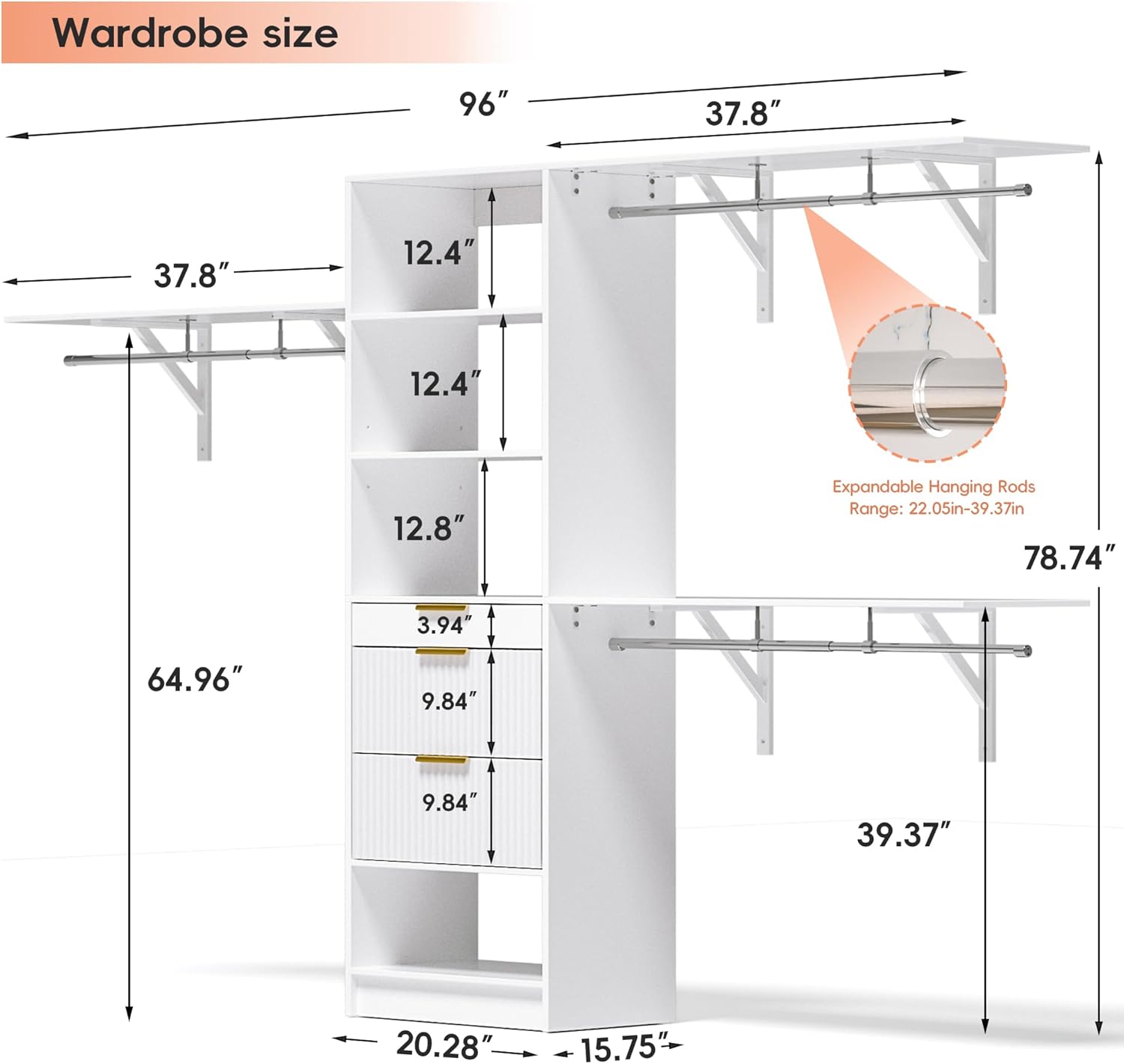 Closet System, 8FT Closet Organizer with 3 Wooden Drawers, Walk-in Closet Wardrobe Clothes Rack with 3 Expandable Hanging Rods, Garment Rack, White